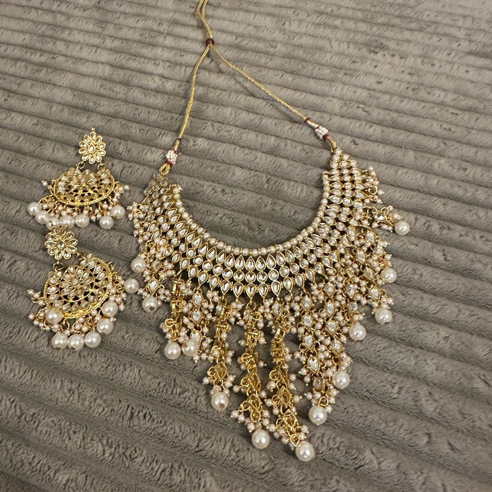 Gold Kundan Pearl Fringe Necklace and Earring Set